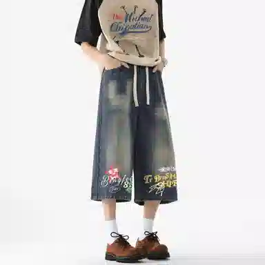 冰飞 美式复古高街字母星星手绘宽松休闲直筒百搭七分牛仔短裤 男女同款