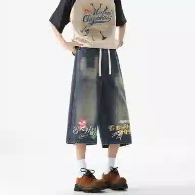冰飞 美式复古高街字母星星手绘宽松休闲直筒百搭七分牛仔短裤 男女同款