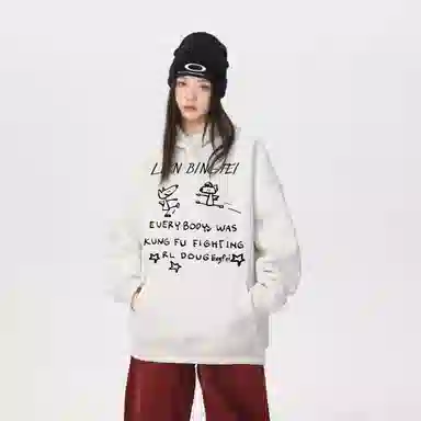冰飞 美式复古无性别主义高街宽松重磅设计感卡通动漫字母印花图案落肩日常户外通勤休闲运动百搭个性穿搭长袖卫衣 男女同款