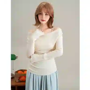 法文箱子 假两件纯色长袖荡领针织衫 女款