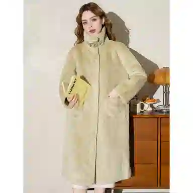 法文箱子 纯色翻领中长款大衣 女款 浅绿