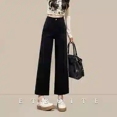 法文箱子 高腰拉链阔腿牛仔裤 女款