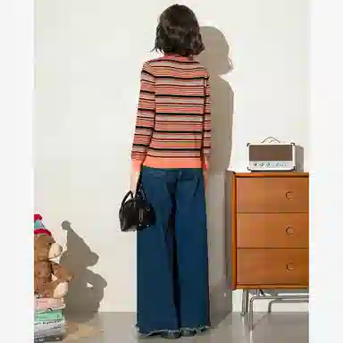 法文箱子 复古条纹拼色长袖针织衫 女款