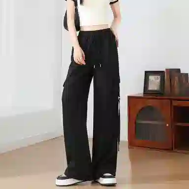 法文箱子 宽松纯色高腰长裤工装裤 女款