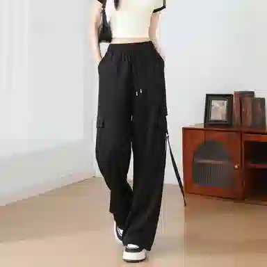 法文箱子 宽松纯色高腰长裤工装裤 女款