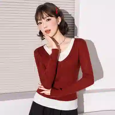 法文箱子 拼色假两件拼接长袖毛衣 女款