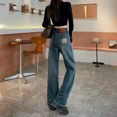 法文箱子 复古高腰直筒牛仔裤 女款