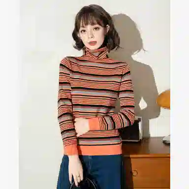 法文箱子 复古条纹拼色长袖针织衫 女款