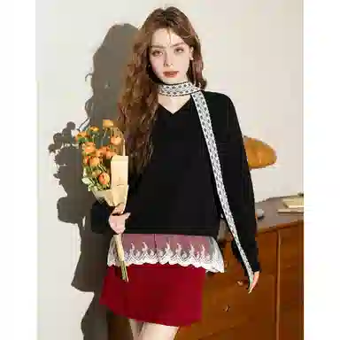 法文箱子 拼接宽松舒适长袖针织衫 女款