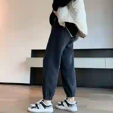 法文箱子 纯色高腰加绒加厚哈伦休闲裤 女款 灰蓝