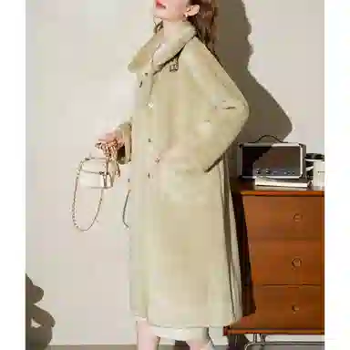 法文箱子 纯色翻领中长款大衣 女款 浅绿