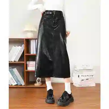 法文箱子 纯色高腰开叉包臀皮长裙 女款