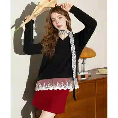 法文箱子 拼接宽松舒适长袖针织衫 女款