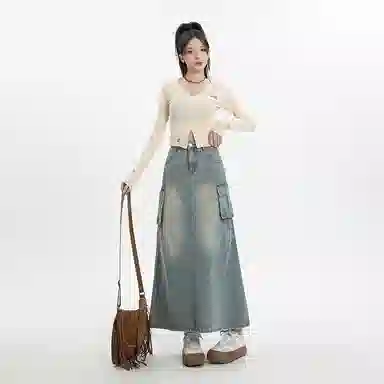 法文箱子 复古高腰开叉设计牛仔长裙 女款 浅蓝色