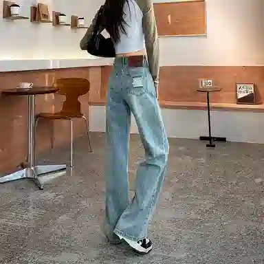 法文箱子 复古高腰直筒牛仔裤 女款