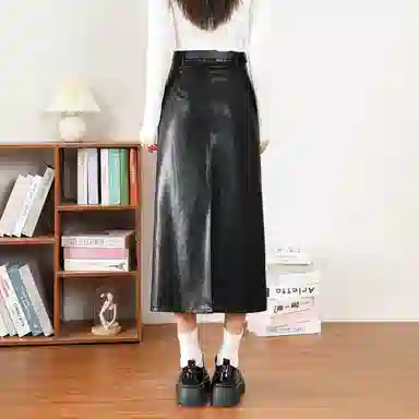 法文箱子 纯色高腰开叉包臀皮长裙 女款