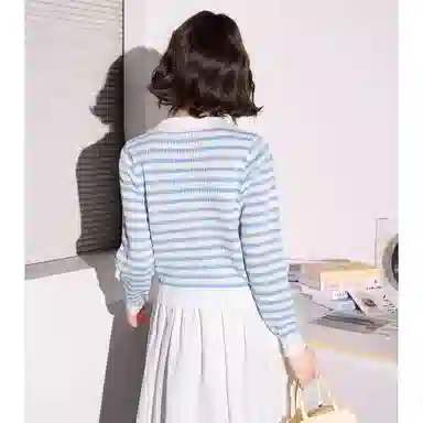 法文箱子 拼色条纹翻领长袖针织衫 女款