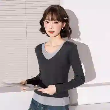 法文箱子 拼色假两件拼接长袖毛衣 女款