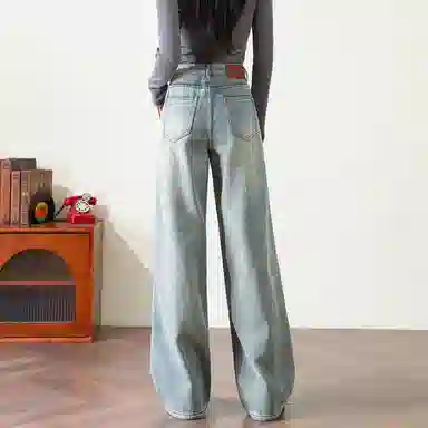 法文箱子 纯色高腰直筒舒适牛仔裤 女款 浅蓝