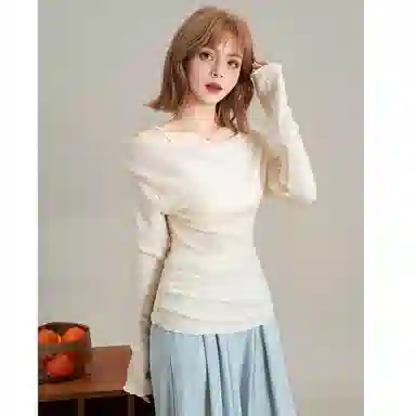 法文箱子 假两件纯色长袖荡领针织衫 女款