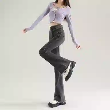 法文箱子 高腰修身微喇牛仔裤 女款