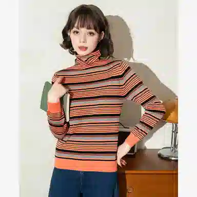 法文箱子 复古条纹拼色长袖针织衫 女款