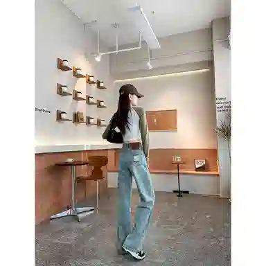 法文箱子 复古高腰直筒牛仔裤 女款