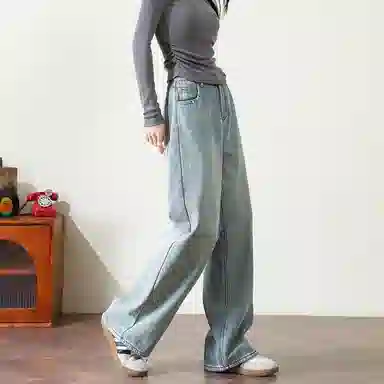 法文箱子 纯色高腰直筒舒适牛仔裤 女款 浅蓝