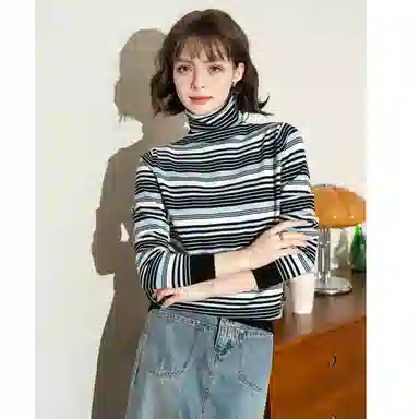 法文箱子 复古条纹拼色长袖针织衫 女款