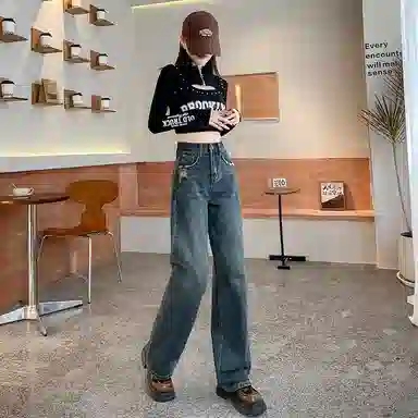 法文箱子 复古高腰直筒牛仔裤 女款