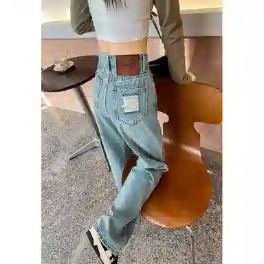 法文箱子 复古高腰直筒牛仔裤 女款