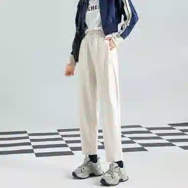 法文箱子 纯色松紧中腰直筒休闲裤 女款