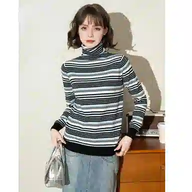 法文箱子 复古条纹拼色长袖针织衫 女款