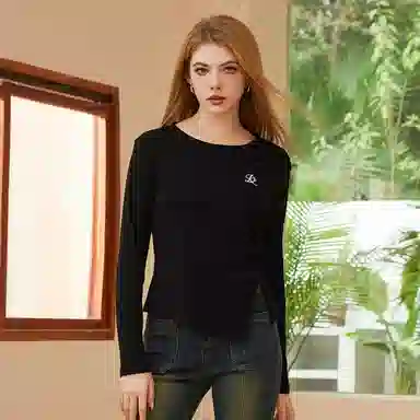 French Box Irregular Split Long Sleeve Tee Black