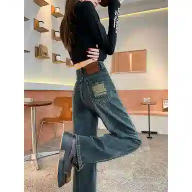 法文箱子 复古高腰直筒牛仔裤 女款