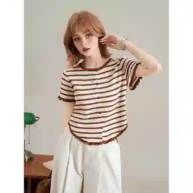 法文箱子 撞色圆领修身短袖针织衫 女款