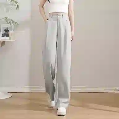 法文箱子 直筒高腰纯色休闲裤 女款 浅灰