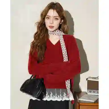 法文箱子 拼接宽松舒适长袖针织衫 女款