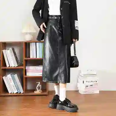 法文箱子 纯色高腰开叉包臀皮长裙 女款