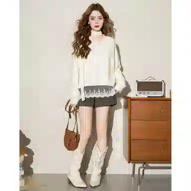 法文箱子 拼接宽松舒适长袖针织衫 女款