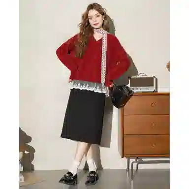 法文箱子 拼接宽松舒适长袖针织衫 女款