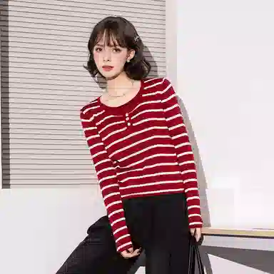 法文箱子 休闲条纹圆领长袖针织衫 女款