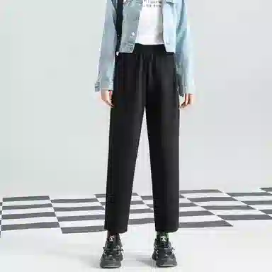 法文箱子 纯色松紧中腰直筒休闲裤 女款