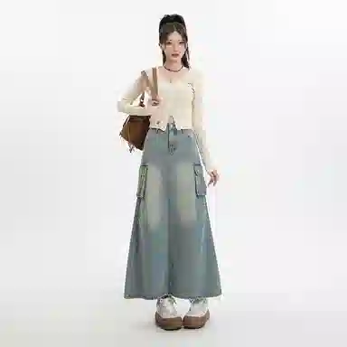 法文箱子 复古高腰开叉设计牛仔长裙 女款 浅蓝色