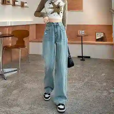 法文箱子 复古高腰直筒牛仔裤 女款