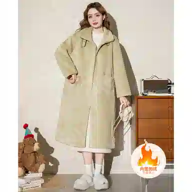 法文箱子 纯色翻领中长款大衣 女款 浅绿