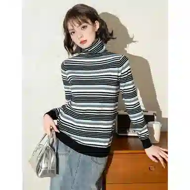 法文箱子 复古条纹拼色长袖针织衫 女款