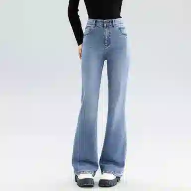 法文箱子 纯色高腰简约舒适牛仔裤 女款 蓝色