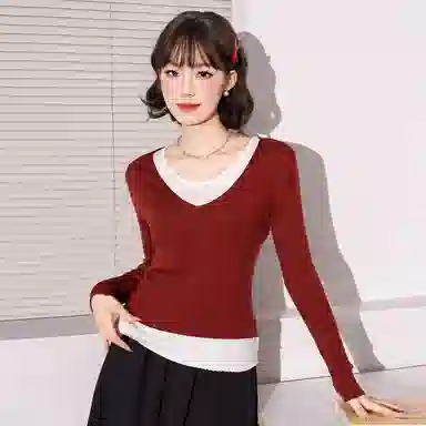 法文箱子 拼色假两件拼接长袖毛衣 女款