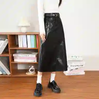 法文箱子 纯色高腰开叉包臀皮长裙 女款